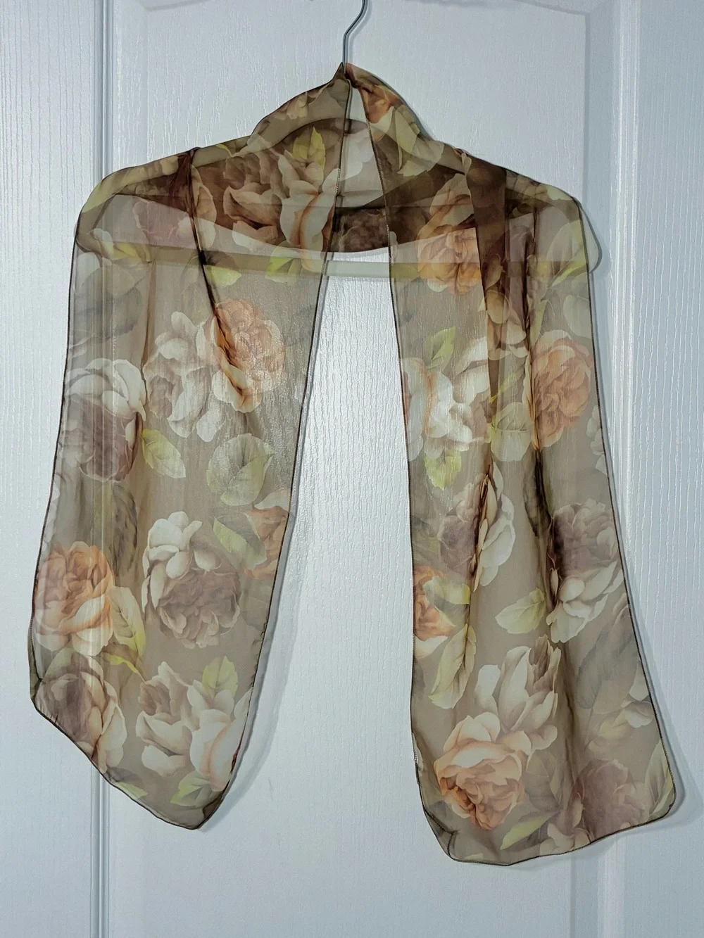 80s Neutral Floral Rose Sheer Chiffon Rectangular Scarf 54”L Vintage